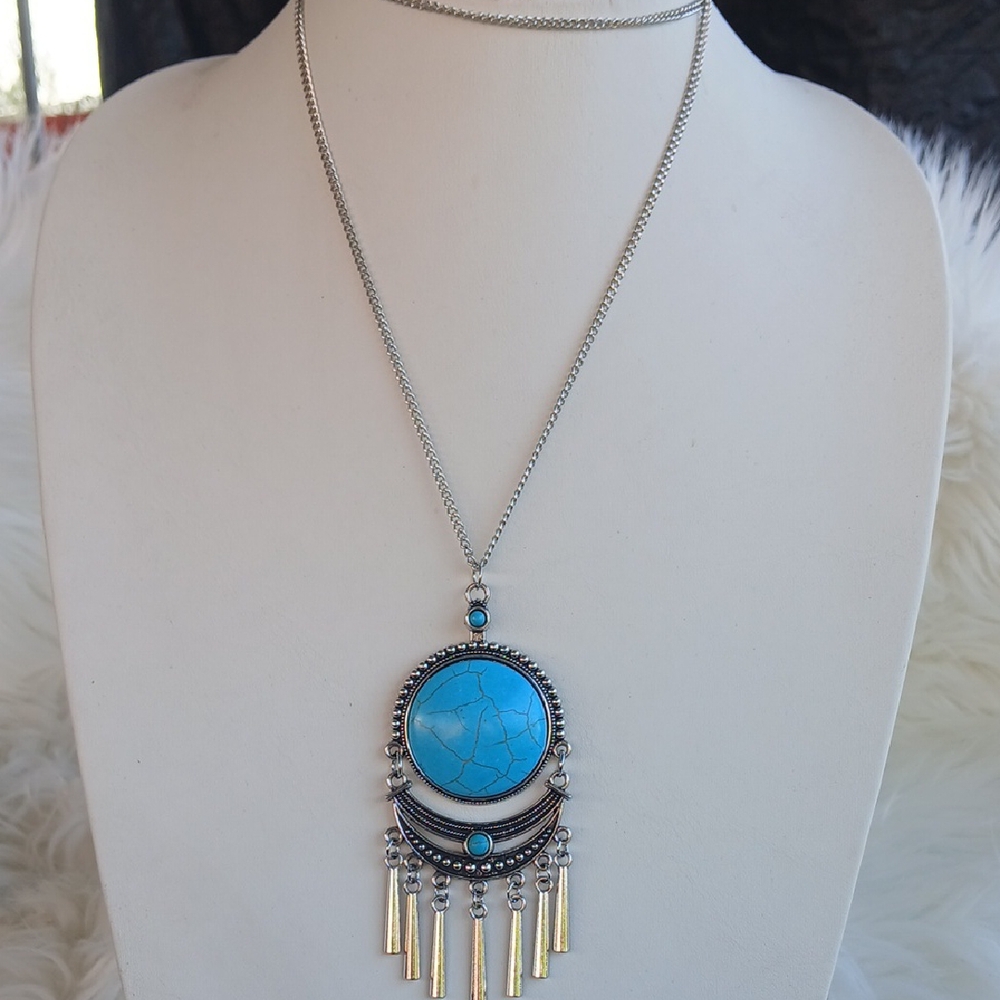 Paparazzi Marble Turquoise and Silver Pendant Necklace LONG